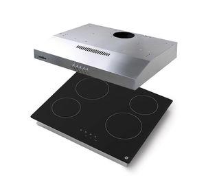 Kit encimera vitrocerámica 4 quemadores + campana GE negro/inox