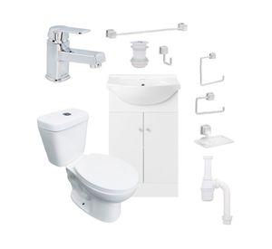 Mueble vanitorio Marie 60 cm blanco + cubierta + WC Theos + accesorios