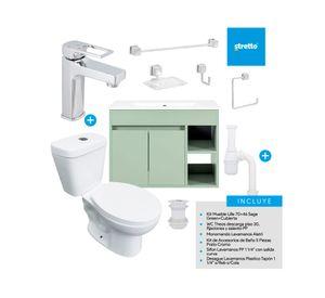 Mueble vanitorio Lille 70 cm sage green + cubierta + WC Theos + accesorios