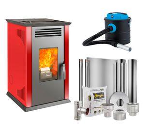 Estufa a pellet Italy 8100 rojo + Kit instalación techo + Daily Clean 1000