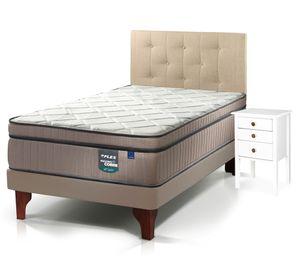 Cama europea Máximo Cobre 1.5 plazas + respaldo Almendra + velador Roma