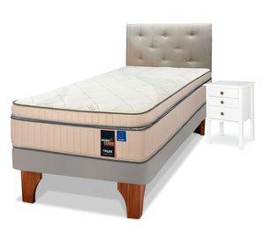 Cama europea 1.5 plazas arena Máximo cobre + respaldo almendra + velador Roma
