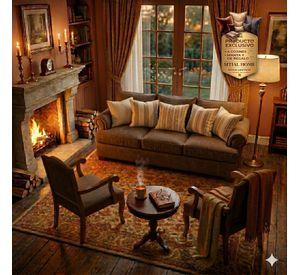 Juego de Living 311 Antonia cafe sofa con resortes + 2 sitiales madera