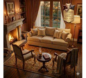 Juego de Living 311 Antonia beige sofa con resortes + 2 sitiales madera