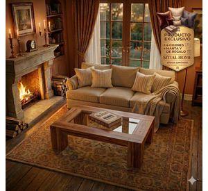 Juego de Living 311 Antonia beige sofa con resortes + 2 sitiales madera