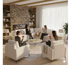 Living 311 Baco seccional mas 2 poltronas color crudo resortes pocket