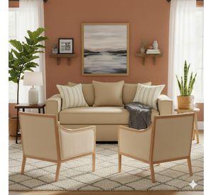 LIVING 311 ROMEO BEIGE CLARO SOFA 3 CUERPOS RESORTES + 2 SITIALES DE  MADERA