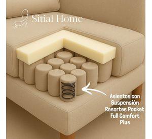 LIVING 311 ROMEO BEIGE CLARO SOFA 3 CUERPOS RESORTES + 2 SITIALES DE MADERA