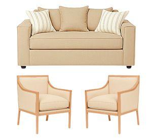 LIVING 311 ROMEO BEIGE CLARO SOFA 3 CUERPOS RESORTES + 2 SITIALES DE  MADERA
