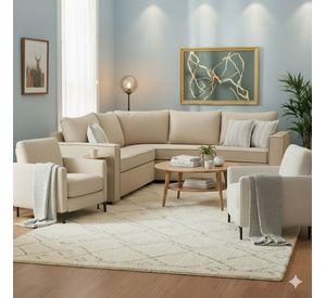 Living  311 Matilda beige claro seccional y 2 poltronas con resortes