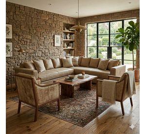 Living 311 Burton Beige en cuero sintetico envejecido seccional resorte f comfort + 2 sitiales