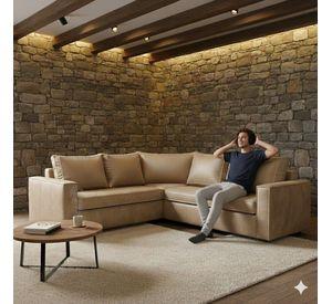 SOFA SECCIONAL JACK CUERO BEIGE SINTETICO ENVEJECIDO Y ASIENTOS DE RESORTES POCKET