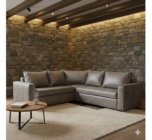 Sofa Seccional Jack cuero gris sintetico envejecido y asientos de resortes pocket