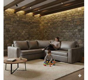 Sofa Seccional Jack gris cuero sintetico envejecido y asientos de resortes pocket