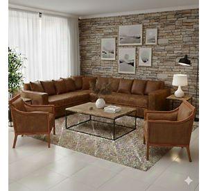 Living 311 Burton Cafe en cuero sintetico envejecido seccional resorte f comfort + 2 sitiales