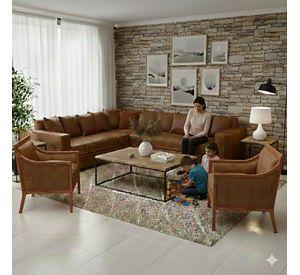 Living 311 Burton Cafe en cuero sintetico envejecido seccional resorte f comfort + 2 sitiales