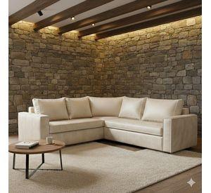 Sofa Seccional Jack cuero blanco bone cafe sintetico envejecido y asientos de resortes pocket