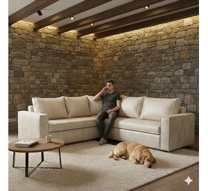 Sofa Seccional Jack cuero blanco bone cafe sintetico envejecido y asientos de resortes pocket