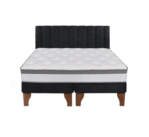 Cama Europea Stella 2 Plazas + Base Negro Patas Madera Color Caoba + Respaldo Lino Tubular Negro