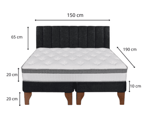 Cama Europea Stella 2 Plazas + Base Negro Patas Madera Color Caoba + Respaldo Lino Tubular Negro