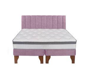 Cama Europea Stella 2 Plazas + Base Rosado Patas Madera Color Caoba + Respaldo Lino Tubular Rosado