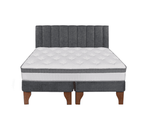 Cama Europea Stella 2 Plazas + Base Gris Patas Madera Color Caoba + Respaldo Lino Tubular Gris