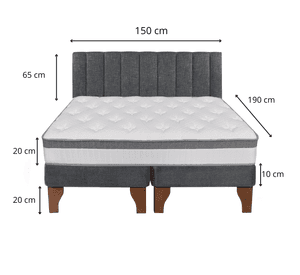Cama Europea Stella 2 Plazas + Base Gris Patas Madera Color Caoba + Respaldo Lino Tubular Gris