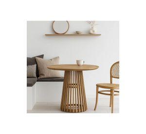 Mesa Redonda de 100 cm Madera Natural con Base Estilo Rejilla