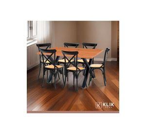 Comedor Mesa Color Madera y Metal Cross 140x90 + 6 Sillas Crossback Madera Rattan Negra