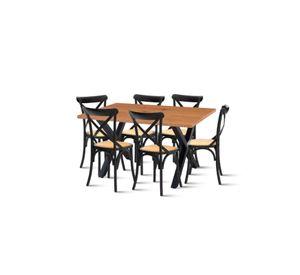 Comedor Mesa Color Madera y Metal Cross 140x90 + 6 Sillas Crossback Madera Rattan Negra