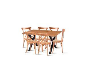 Comedor Mesa Color Madera y Metal Cross 140x90 + 6 Sillas Crossback Madera Rattan Natural
