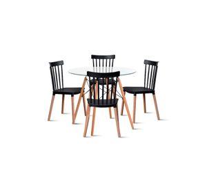 Comedor Mesa Redonda Vidrio 80cm + 4 Sillas Windsor Negras