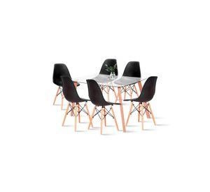 Comedor Mesa de Vidrio Nórdica 140x90 cm + 6 Sillas Eames Negras
