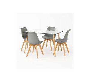 Comedor Mesa de Vidrio Nórdica 140x90 cm + 4 Sillas Tulip Grises