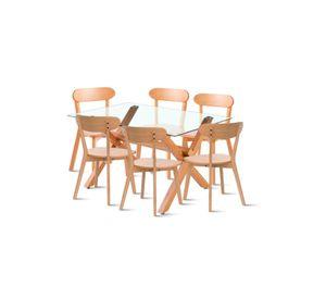 Comedor de Vidrio Cross 140x90cm + 6 Sillas Fresno de Madera