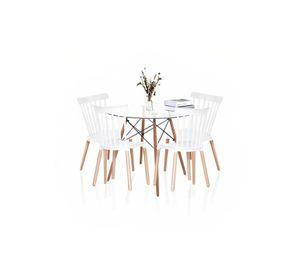 Comedor Mesa Eames Redonda vidrio 80cm + 4 Sillas Windsor Blancas