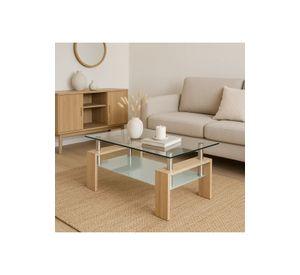 Mesa de centro para living rectangular de vidrio y madera