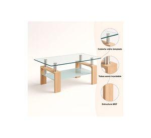 Mesa de centro para living rectangular de vidrio y madera