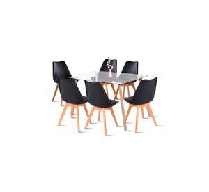 Comedor Mesa de Vidrio Nórdica 140x90 cm + 6 Sillas Tulip Negras