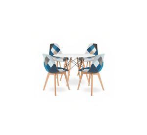 Comedor Mesa Redonda Blanca 100cm + 4 Sillas Eames Patchwork Tela Wood Celeste
