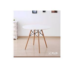 Comedor Mesa Redonda Blanca 100cm + 4 Sillas Eames Patchwork Tela Wood Celeste