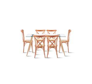 Comedor Mesa de Vidrio Rectangular 120x80 + 6 Silla Crossback Madera