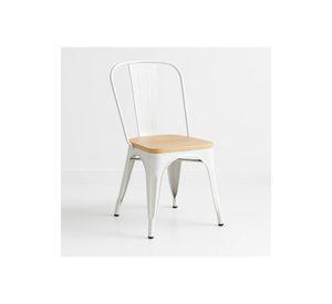 Silla Tolix con asiento de madera clara - Blanca