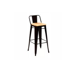 Taburete Tolix Negro Alto con Respaldo para bar o terraza - Asiento de madera Clara