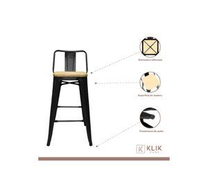 Taburete Tolix Negro Alto con Respaldo para bar o terraza - Asiento de madera Clara