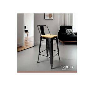 Taburete Tolix Negro Alto con Respaldo para bar o terraza - Asiento de madera Clara