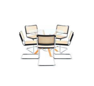 Comedor Mesa redonda de vidrio Cross 120cm + 5 Sillas Breuer madera - Negras