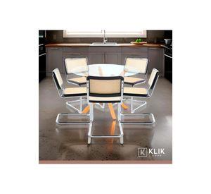 Comedor Mesa redonda de vidrio Cross 120cm + 5 Sillas Breuer madera - Negras