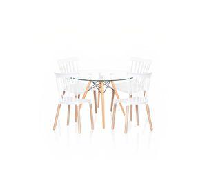 Comedor Mesa Eames Redonda vidrio 100cm + 4 Sillas Windsor Blancas