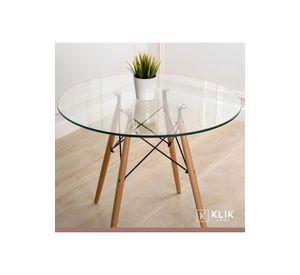Comedor Mesa Eames Redonda vidrio 100cm + 4 Sillas Windsor Blancas